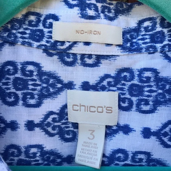 Chicos blue white patterned button up shirt blouse linen size 3 Large - Picture 2 of 6